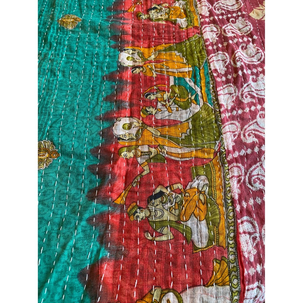 Vintage Kantha Quilt Hand Stitched Cotton Throw Reversible Indian Folk Art Red